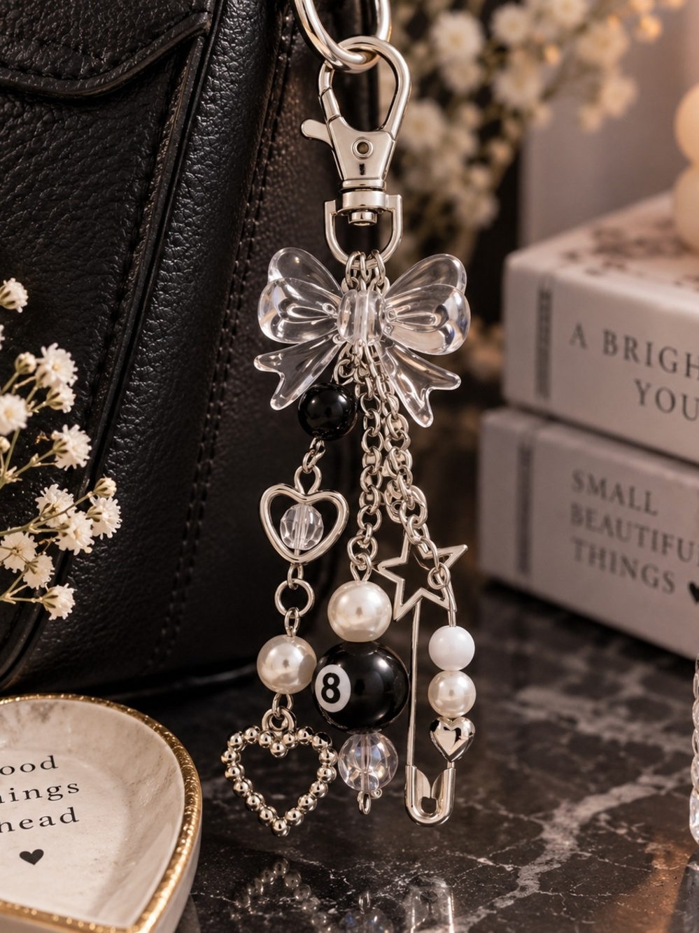 Silver Tone Celestial Bow Pearl Heart Star & Magic 8 Ball Purse Charm New
